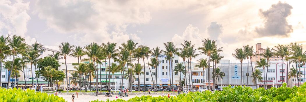 MIAMI BEACH, FLORIDA USA - September 10, 2019: Panorama of Hotels and restaurant on Ocean Drive in Miami Beach,