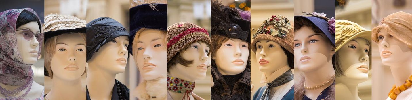 Collage of mannequins wearing retro clothes