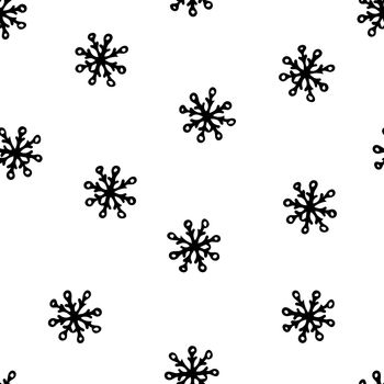 Seamless Pattern with Black Snowflakes on White Background. Abstract Hand-Drawn Doodle Snowflakes.