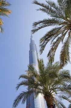 DUBAI, UNITED ARAB EMIRATES – JANUARY 20: Tower Burj Khalifa vanishing in blue sky on January 20, 2014 in Dubai. It is the tallest structure in world since 2010, 829.8 meters and one of the most visited tourist attractions in the world.