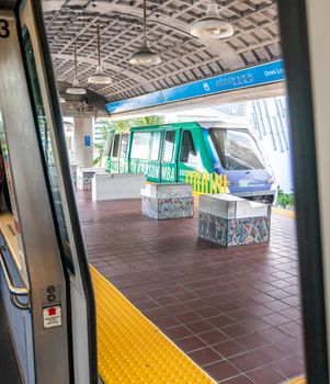MIAMI, USA - September 10, 2019: Metro mover train on the station in Downtown Miami. Metro mover is free automatic transport system in Miami