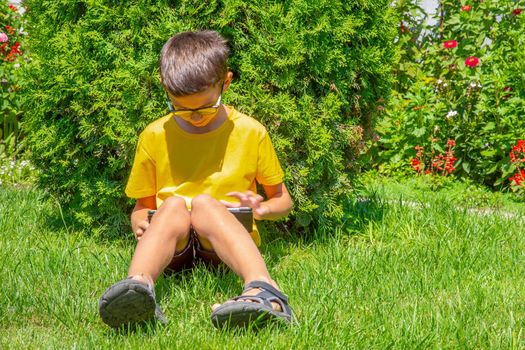 Boy playing with tablet PC on green grass lawn with copy space