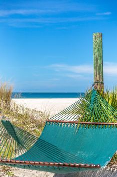 Summer beach relax with empty hammock and ocean background on sunny tropical beach, vacation concept