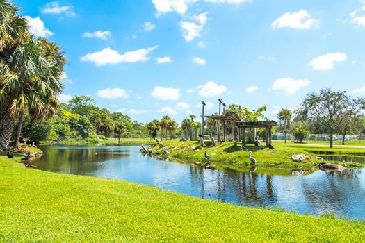 Florida, USA - September 19, 2019: Lion Country Safari drive through park in West Palm Beach Florida. Cars driving near animals in zoo