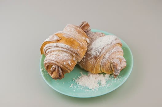 Two fresh croissants in plate on white background. Breakfast