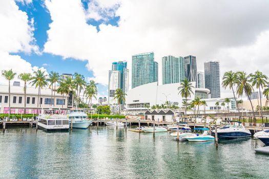 Miami, USA - September 11, 2019: View of the Marina in Miami Bayside with modern buildings and skyline in background