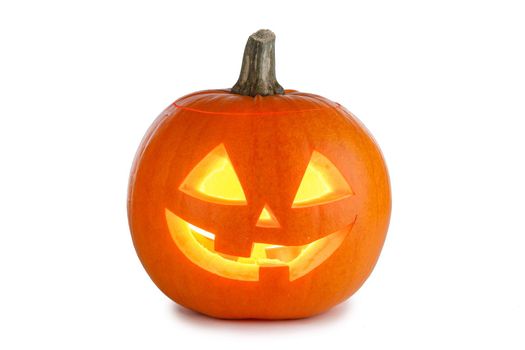 Funny Jack O Lantern halloween pumpkin with candle light inside isolated on white background