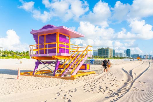 Miami - September 11, 2019: South beach in Miami with lifeguard pink hut in Art deco style