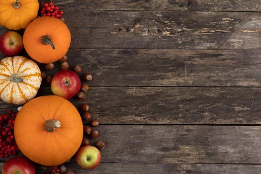 Autumn food background, pumpkin, apple, nut, rowan on old tabletop background with copy space for text