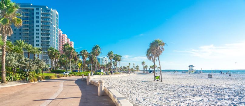 Clearwater beach, Florida, USA - September 17, 2019: Beautiful Clearwater beach with sand in Florida USA
