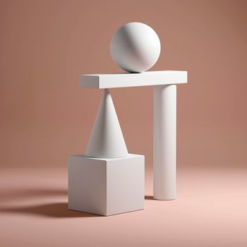 Abstract equilibrium installation of balancing white geometric shapes. 3d render illustration
