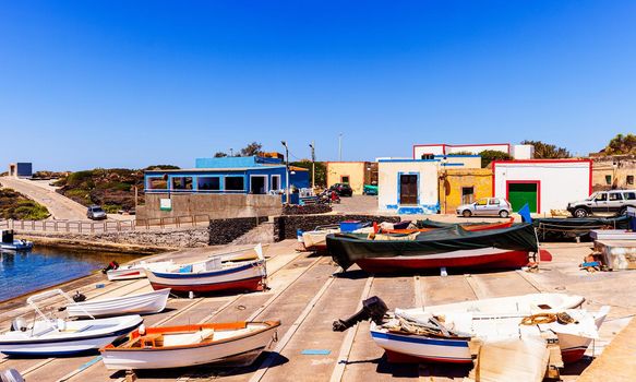 Boats docked in tyhe marina of Linosa. It is one of the Pelagie Islands in the Sicily Channel of the Mediterranean Sea