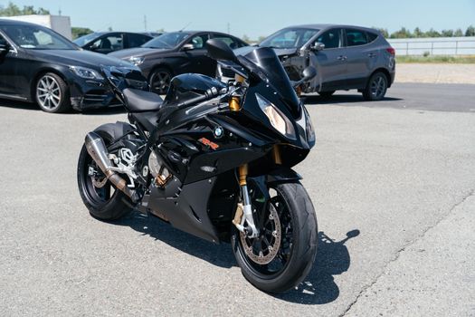 STAVROPOL, RUSSIA - MAY 28, 2020: BMW black sportbike. Modern powerful motorcycle in Stavropol, Russia