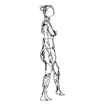 Doodle art illustration of a nude female human figure model posing standing done in continuous line drawing style in black and white on isolated background.