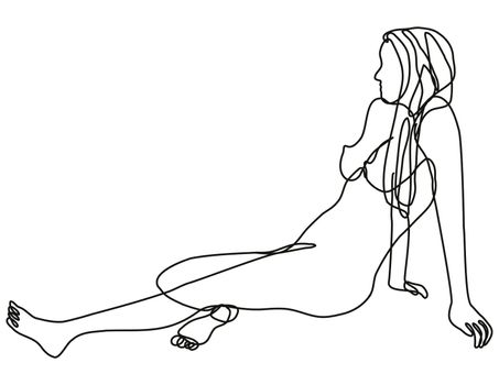 Continuous line drawing illustration of a female nude in Side Sitting Position done in doodle style in black and white on isolated background. 