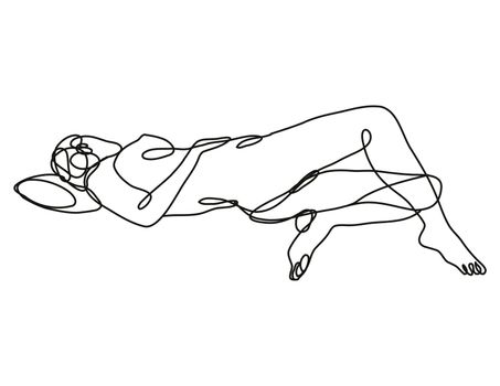 Continuous line drawing illustration of a female nude reclining in supine pose done in doodle style in black and white on isolated background. 