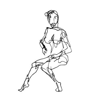 Doodle art illustration of a nude female human figure model posing seated or sitting down done in continuous line drawing style in black and white on isolated background.