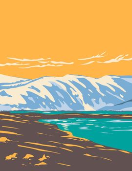 Art Deco or WPA poster of Loch Etchachan within Cairngorms National Park in the central Cairngorms plateau area of Highlands, Scotland, United Kingdom done in works project administration style.