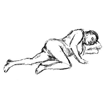 Doodle art illustration of a nude female human figure model posing, reclining, supine pose or lying down done in continuous line drawing style in black and white on isolated background.