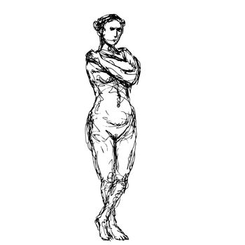 Doodle art illustration of a nude female human figure posing standing arms crossed done in continuous line drawing style in black and white on isolated background.