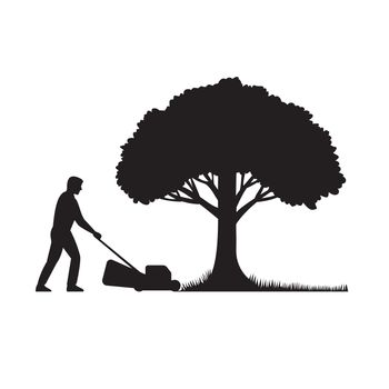 Stencil illustration of silhouette of a gardener with lawnmower or lawn mower mowing grass lawn with oak tree in back on isolated background done in black and white retro style.