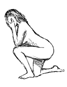 Doodle art illustration of a nude female human figure posing Kneeling on One Knee With Hand Covering Face done in line drawing style in black and white on isolated background.