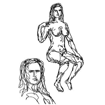 Doodle art illustration of a close-up of a female human figure model posing and sitting in the nude viewed from front done in continuous line drawing style in black and white on isolated background.
