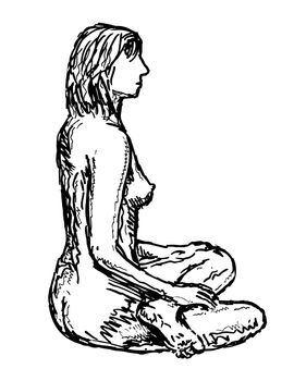 Doodle art illustration of a nude female human figure Crossed Legged Sitting Side View in line drawing style in black and white on isolated background.