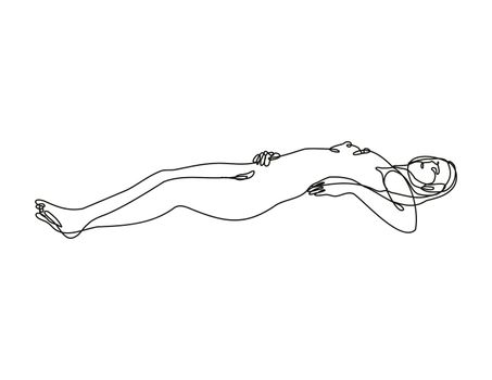 Continuous line drawing illustration of a female nude reclining Lying on Back or Supine Position done in doodle style in black and white on isolated background. 