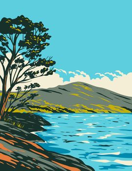 Art Deco or WPA poster of Inveruglas Isle located in Loch Lomond and the Trossachs National Park, Scotland, United Kingdom done in works project administration style.