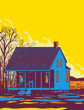 WPA poster art of a homestead or house of George Washington Carver in George Washington Carver National Monument in Newton County, Missouri done in works project administration style.