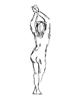 Doodle art illustration of a nude female figure standing with hands up rear view done in continuous line drawing style in black and white on isolated background.