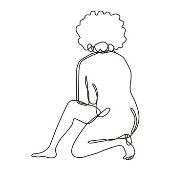 Continuous line drawing illustration of a female nude kneeling on one knee done in doodle style in black and white on isolated background. 