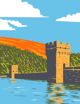 Art Deco or WPA poster of the Ladybower and Derwent reservoirs within the Derwent Valley Peak District National Park, Derbyshire, England, United Kingdom done in works project administration style.