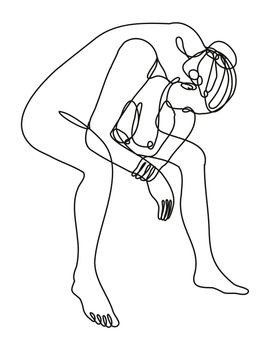 Continuous line drawing illustration of a female nude sitting with head down feeling depressed or remorse done in doodle style in black and white on isolated background. 