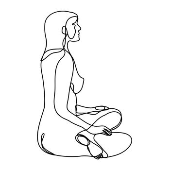 Continuous line drawing illustration of a female nude sitting in lotus position side view done in doodle style in black and white on isolated background. 