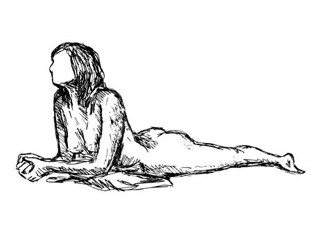 Doodle art illustration of a nude female human figure posing Prone on Elbows Side View in line drawing style in black and white on isolated background.
