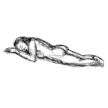 Doodle art illustration of a nude female human figure model posing, reclining, supine pose or lying down done in continuous line drawing style in black and white on isolated background.