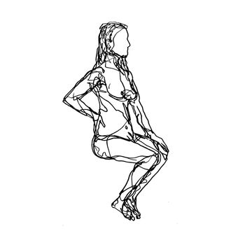 Doodle art illustration of a female human figure model posing and sitting in the nude looking and viewed from side done in continuous line drawing style in black and white on isolated background.