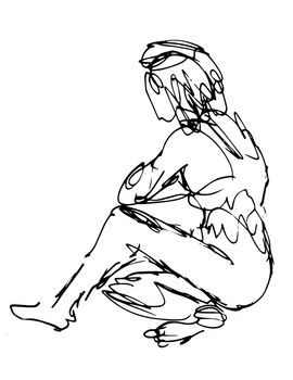 Doodle art illustration of a nude female figure sitting on floor side view done in continuous line drawing style in black and white on isolated background.