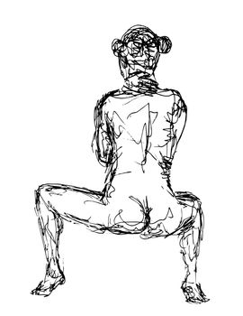 Doodle art illustration of a nude female human figure seated or sitting down viewed from rear done in continuous line drawing style in black and white on isolated background.