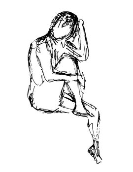 Doodle art illustration of a nude female human figure sitting leg up done in continuous line drawing style in black and white on isolated background.