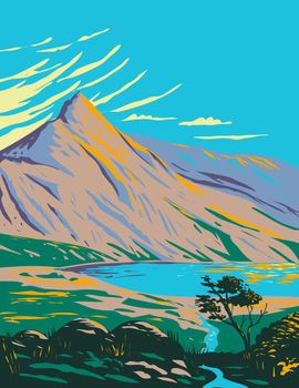 Art Deco or WPA poster of Mount Snowdon with Lake Glaslyn located in Snowdonia National Park in northwestern Wales, United Kingdom done in works project administration style.