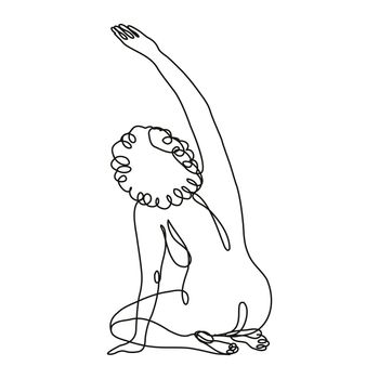 Continuous line drawing illustration of a female nude kneeling sitting on knees, hero pose or thunderbolt pose raising one arm done in doodle style on isolated background. 