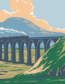 Art Deco or WPA poster of steam train on railway over Batty Moss or Ribblehead Viaduct in Yorkshire Dales National Park, northern England, United Kingdom done in works project administration style.