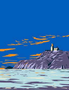 Art Deco or WPA poster of South Bishops Lighthouse on Ramsey Island in Pembrokeshire Coast National Park in Wales United Kingdom done in works project administration style.