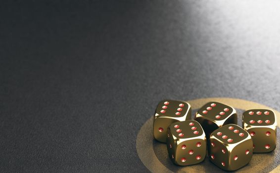 3D illustration of five 6 sided dices with face six on top over black and golden background. Gambling and luck concept.