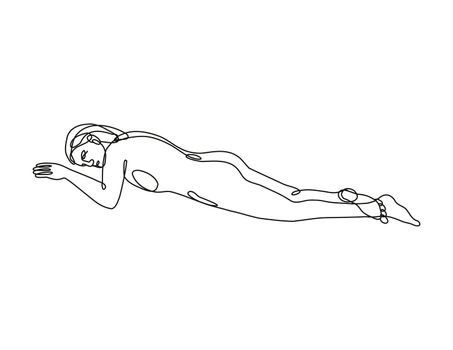 Continuous line drawing illustration of a female nude lying down in supine position done in doodle style in black and white on isolated background. 