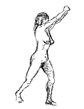 Doodle art illustration of a nude female human figure posing striding with hands clasp pointing up done in continuous line drawing style in black and white on isolated background.