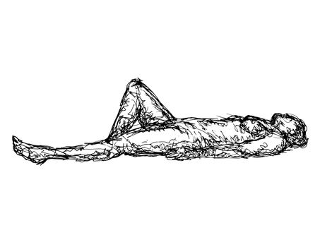 Doodle art illustration of a nude female human figure in supine pose or lying down done in continuous line drawing style in black and white on isolated background.